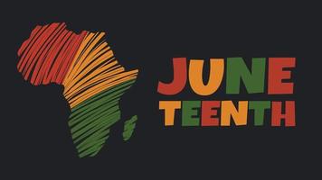 Vector banner Juneteenth - celebration ending of slavery in USA, African American Emancipation Freedom Day. African continent in red, green, yellow scribble on black background