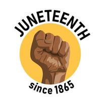Raised hand of African American with clenched fist, round badge stamp pin design. Juneteenth social media post, greeting card template. vector