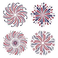 Hand drawn fireworks set, red and blue color of American flag for 4th of July. Festival firework explosions. Design element vector collection isolated on white background.