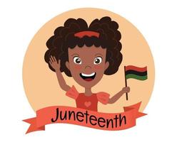 Happy African American young woman with raised hands holding Pan African, Black Liberation flag. Celebrating character - black girl. Juneteenth Emancipation, Freedom Day greeting card. vector
