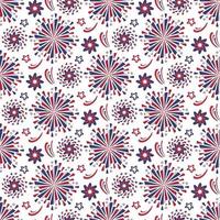Hand drawn vector fireworks seamless pattern background.  Red and blue color of American flag for 4th of July Festival firework explosions on white backdrop