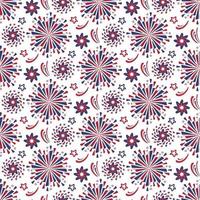 Hand drawn vector fireworks seamless pattern background.  Red and blue color of American flag for 4th of July Festival firework explosions on white backdrop