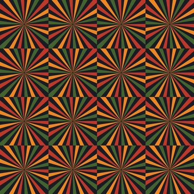 Vector abstract pattern with squares with star burst lines in color of Pan African flag - red, yellow, black, red. Background design for Juneteenth, Kwanzaa, Black History Month. Simple repeat print