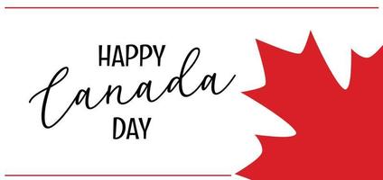 feliz tarjeta de felicitación del día de canadá, pancarta con letras de texto. ilustración de vector de icono de bandera de hoja de arce rojo brillante aislado en plantilla de fondo blanco. diseño minimalista para vacaciones canadienses.