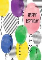 Happy Birthday vector greeting card hand drawn watercolor textured colorful balloons with strings. Cute childish creative artistic background design for birthday celebration card, party invitation