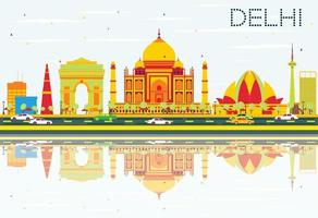Delhi Skyline with Color Buildings, Blue Sky and Reflections. vector