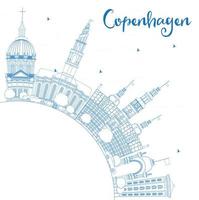 delinee el horizonte de copenhague con puntos de referencia azules y copie el espacio. vector