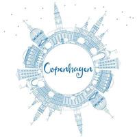 Outline Copenhagen Skyline with Blue Landmarks and Copy Space. vector