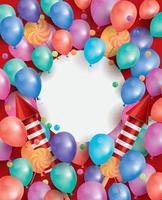 tarjeta de feliz cumpleaños con globos voladores, cohetes rojos y piruletas