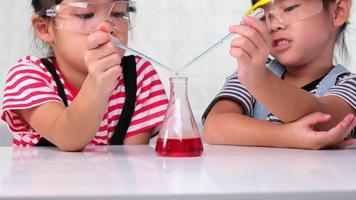 kinderen leren en doen wetenschappelijke experimenten in de klas. twee zusjes spelen wetenschappelijk experiment voor thuisonderwijs. eenvoudige en leuke wetenschappelijke experimenten voor kinderen thuis. video