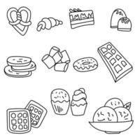 Doodle style outline sweets and pastry set, dough products and breakfast ideas vector