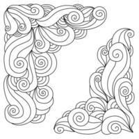 Zen doodle corners with curls and spirals, meditative coloring or design element vector