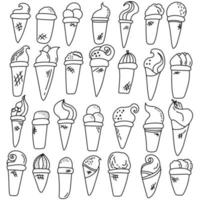 Doodle ice cream outline set, waffle cones of various shapes with a cold dessert vector