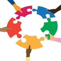 Missing link.Arms of hands of people or colleagues of diverse culture holding jigsaw puzzle pieces that connect.Problem solving.Teamwork.Union.Collaborating.Strategy.Banner copy space vector