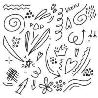 Vector set of different stars, sparkles, arrows, hearts, diamonds, signs and symbols. Hand drawn, doodle elements isolated on white background