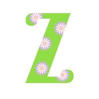 Capital bright green decorated with spring flowers hand drawn letter Z of English alphabet simple cartoon style vector illustration, calligraphic abc, cute funny handwriting, doodle and lettering