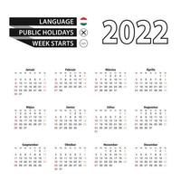 Calendario 2022 en idioma húngaro, la semana comienza el domingo. vector