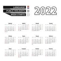 2022 calendar in Croatian language, week starts from Sunday. vector