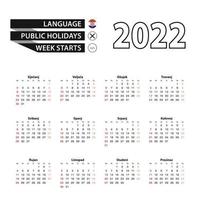 Calendario 2022 en idioma croata, la semana comienza el domingo. vector