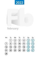 Calendar for February 2022, blue circle design. English language, week starts on Monday. vector