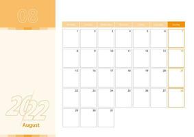 planificador horizontal para agosto de 2022 en el esquema de color naranja. la semana comienza el lunes. un calendario de pared de estilo minimalista. vector