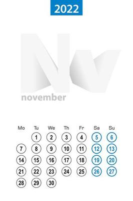 Calendar for November 2022, blue circle design. English language, week starts on Monday.