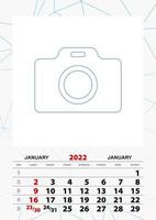 Wall calendar planner template for January 2022, week starts on sunday. vector