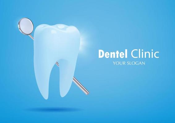 Big tooth and dentist mirror on blue background . Vector illustration .