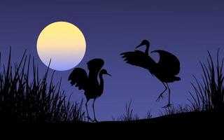 silueta de aves en el fondo de la naturaleza a la luz de la luna vector