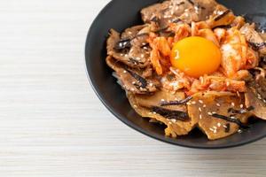 pork bulgogi rice bowl with kimchi and Korean pickled egg photo