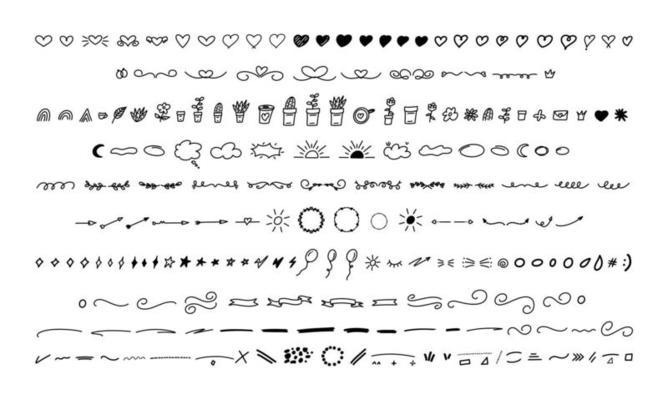 Hand drawn ornaments arrow heart star flower frame cloud balloon sunshine abstract scribble doodle floral divider line art set vector design graphic elements
