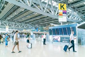 Bangkok, Thailand - May 23, 2022 - Bangkok Suvarnabhumi airport passengers inside the departure terminal, people in medical masks from coronavirus. photo