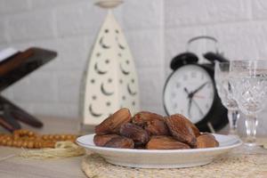 Close up of dates. Traditional Ramadan, iftar time concept photo