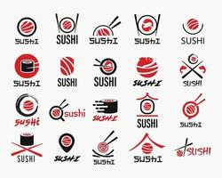Sushi vector logo set. Graphic symbol with fish cut into sushi and rolls