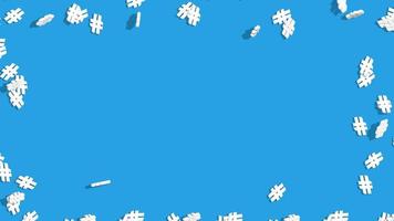 hashtags 3d dinâmico caindo sobre fundo azul, há uma área em branco no meio para colocar qualquer informação
