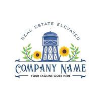 Logo of the water tower on the farmland with lots of sunflowers and olives with classic and modern concepts vector