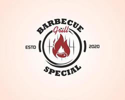 restaurante de barbacoa - icono del logo de barbacoa, parrilla y bar con fuego, tenedor de parrilla y espátula. plantilla de logotipo de barbacoa. ilustración vectorial vector