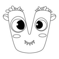 Letter V. Monster english alphabet coloring page book for children with funny and sad monsters. Funny font of cartoon characters vector font letters of comic monster creature faces.