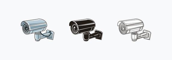 CCTV camera icons set with cable - colored, silhouette, line icon vector illustrations isolated on white