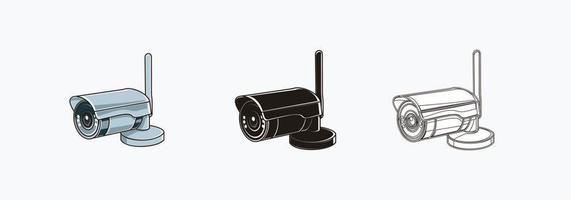 CCTV wireless camera icons set with antenna - colored, silhouette, line icon vector illustrations isolated on white