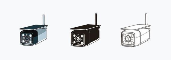 CCTV wireless cube shape camera icons set - colored, silhouette, line icon vector illustrations isolated on white