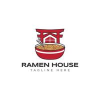 ramen noodle bowl torii house hipster vintage logo vector icono ilustración aislado sobre fondo blanco