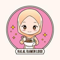Cute moslem girl eat halal ramen noodles food hand drawn cartoon art illustration. Mascot logo vector style