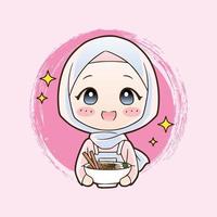 Cute moslem girl eat halal ramen noodles food hand drawn cartoon art illustration. Mascot logo vector style