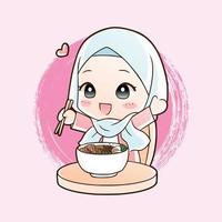 Cute moslem girl eat halal ramen noodles food hand drawn cartoon art illustration. Mascot logo vector style