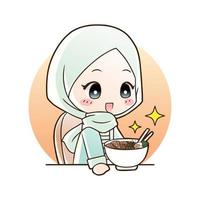 Cute moslem girl eat halal ramen noodles food hand drawn cartoon art illustration. Mascot logo vector style