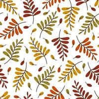 Colorful autumn leaves on a branch seamless vector pattern. Hand drawn sketch of a garden plant. Bright yellow, red, green twigs, flat cartoon doodle. Fall botanical backdrop isolated on white