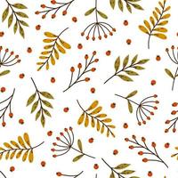 Bright autumn leaves and berries on a branch seamless vector pattern. Hand drawn sketch of a forest plant. Colorful twigs and round red fruits, flat cartoon doodle. Fall botanical backdrop