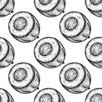 Avocado seamless vector pattern. Half of fresh tropical fruit with seed, ripe pulp. Hand drawn black and white garden food sketch. Monochrome outline of exotic vegetable. Engraving style