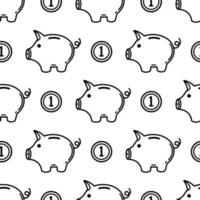 Piggy bank seamless vector pattern. Cute money box with a coin. Symbol of currency accumulation, saving, investing. Simple illustration isolated on white background. Black and white sketch, outline